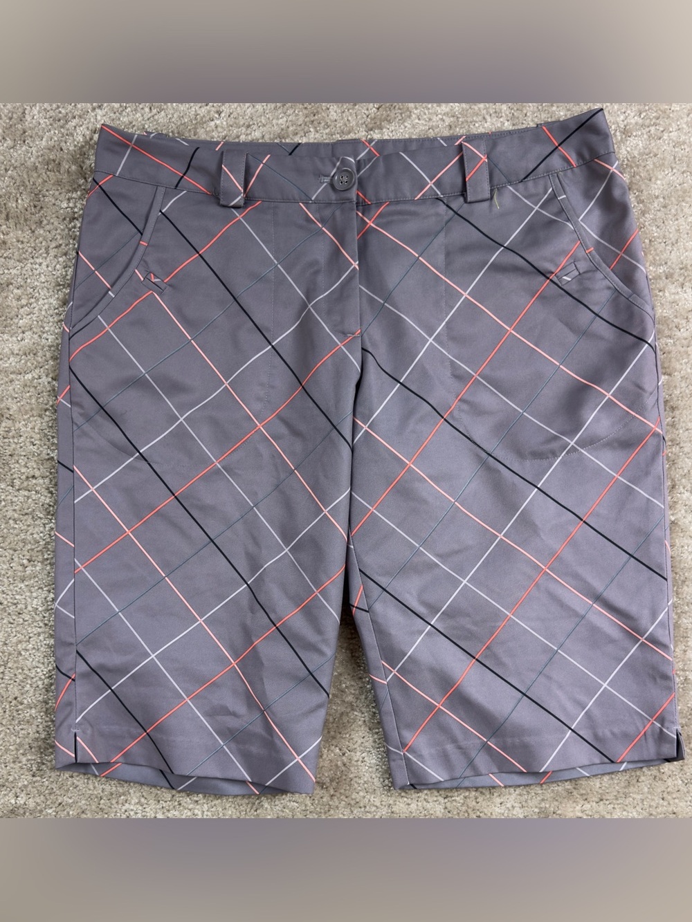 Nike Golf Plaid Windowpane Bermuda Shorts Women's Size 10 Medium Gray Orange
